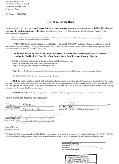 jeff Fordley $402,000 House Deed